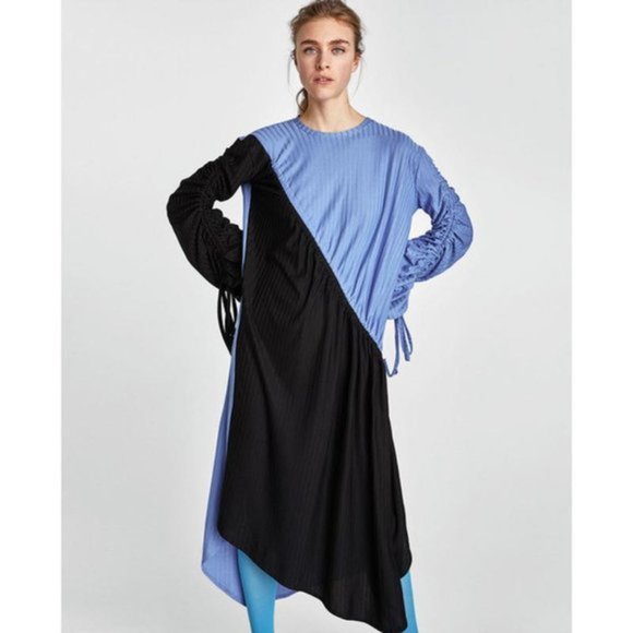 ZARA BLACK AND BLUE RIBBED DRESS WITH RUCHING LIKE NEW - Picture 3 of 4